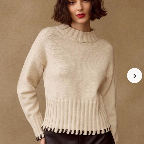 PREMIUM CONTRAST TRIM MOCK NECK DROP SHOULDER OVERSIZE SWEATER - Picture 1 of 7